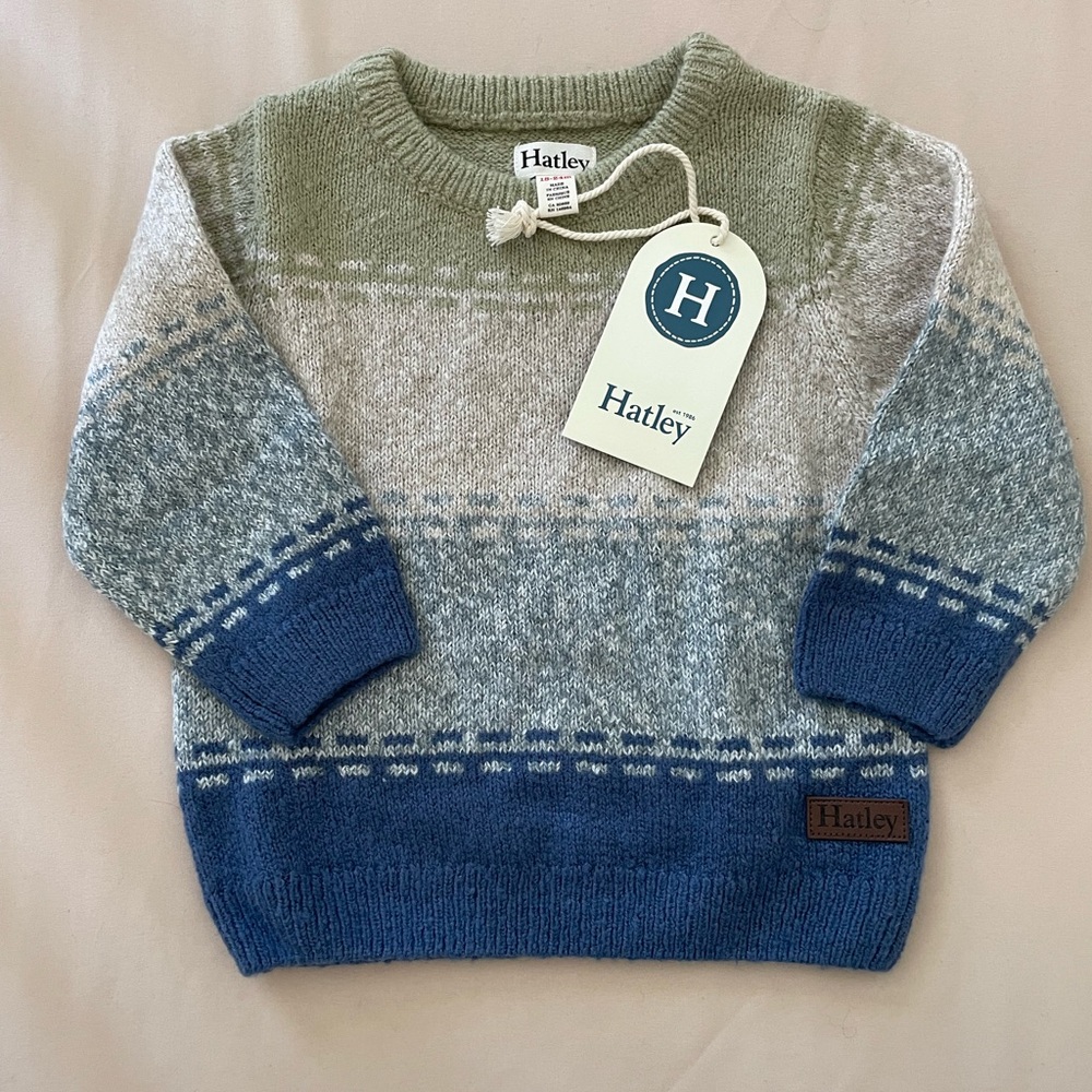 New Hatley Olive and Cream Knit Kids 18-24m Sweater